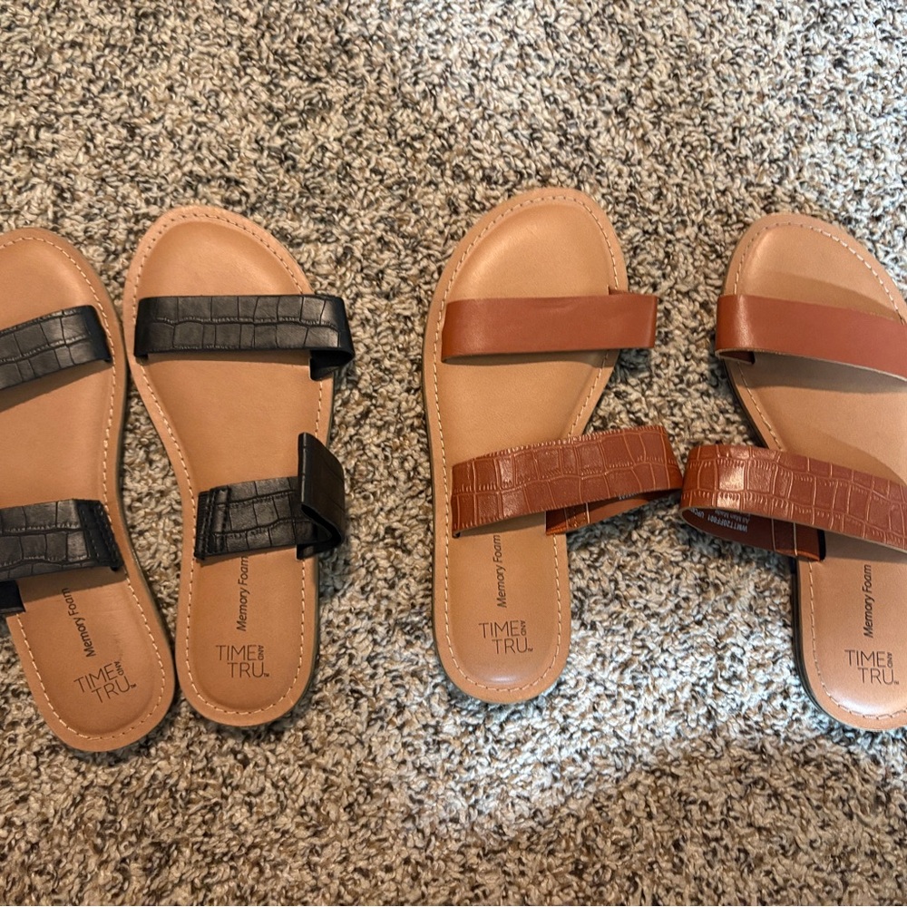 3 pair lot of Time and Tru Black and Brown Sandals and Footbed Sandal